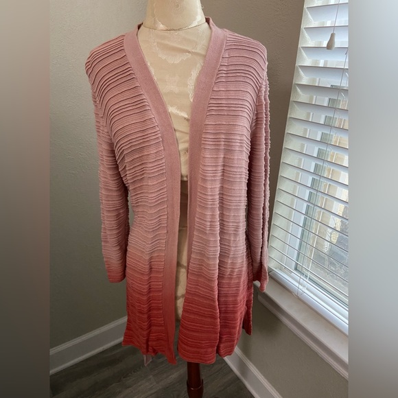 Chico’s 2 Sz L Ambre Coral Pink Ribbed Open Front Long Line Sweater Cardigan - Picture 2 of 10